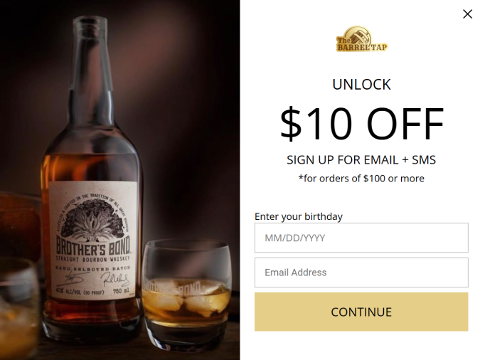 $10 discount popup on The Barrel Tap website. 