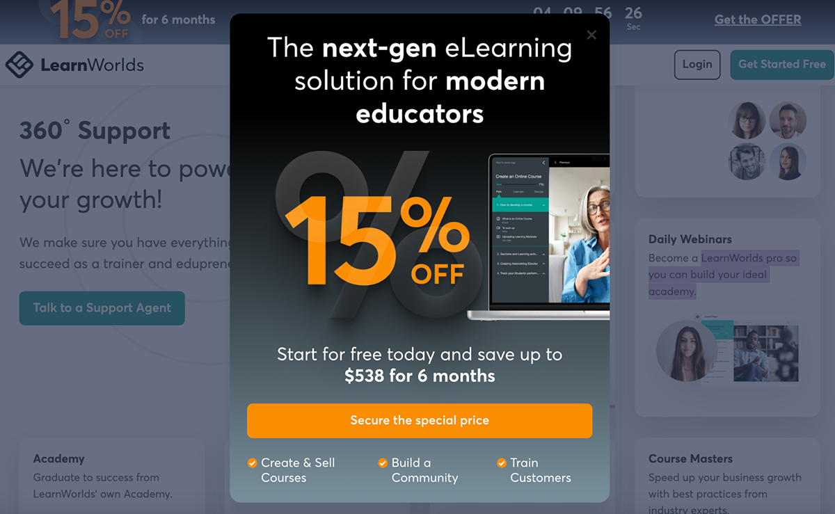 LearnWorlds exit-intent popup offering 15% off for 6 months.