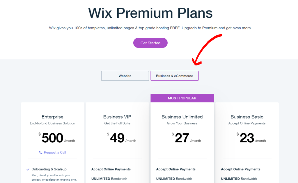 Overview of Wix's premium plans