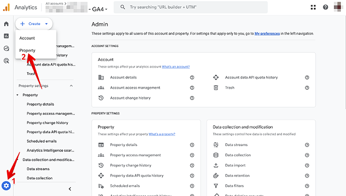 GA4 admin account with arrow pointing to Gear Icon in the bottom left corner to access the Admin area and arrow pointing to Create Property.