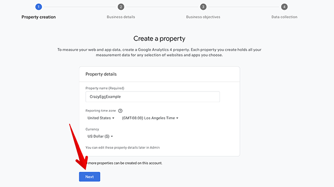 Create property screen in Google Analytics.