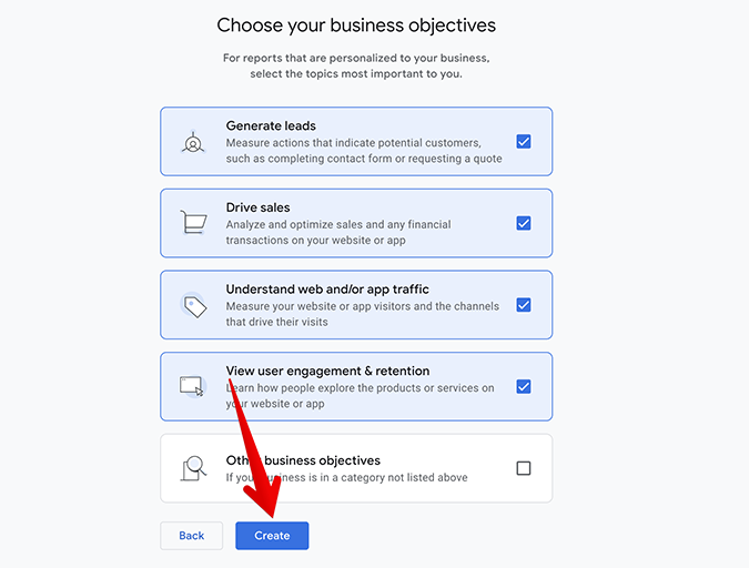 Choose business objectives in Google Analytics. 