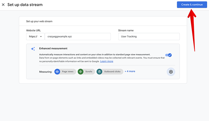 Set up data stream step in Google Analytics.