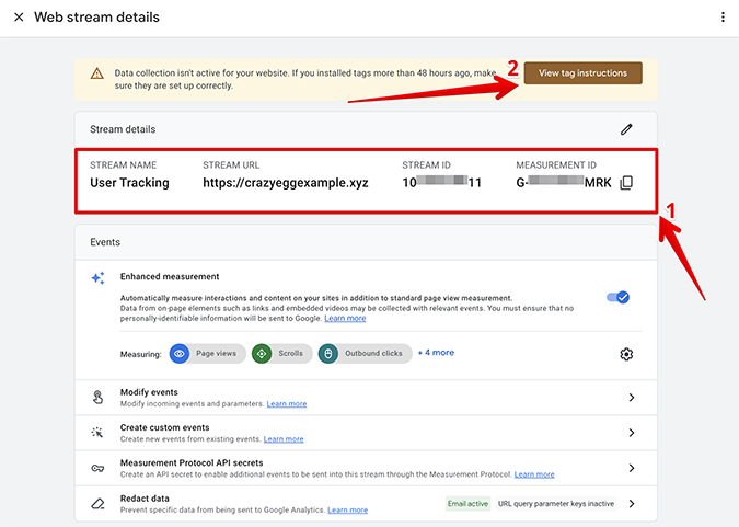 Google Analytics web stream details with view tag instructions highlighted. 