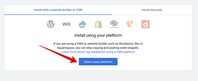 Install with a website builder or CMS screen with red arrow pointing to select your platform button. 