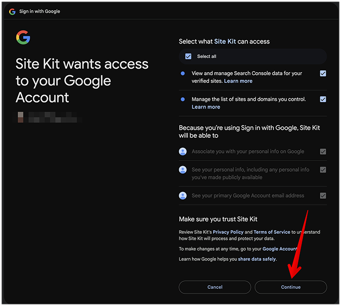 Request account access page for google site kit. 