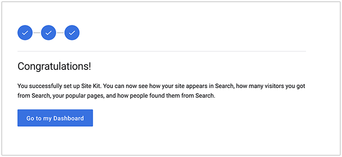 “Congratulations!” message from successful site kit setup.