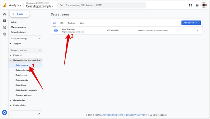 Google Analytics data streams screen. 