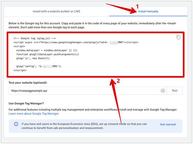 Install Google tag manually screen. 