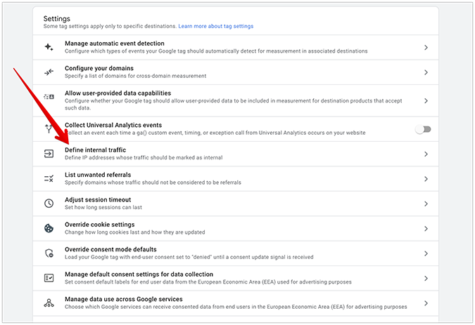 GA4 settings menu with red arrow pointing to "define internal traffic."