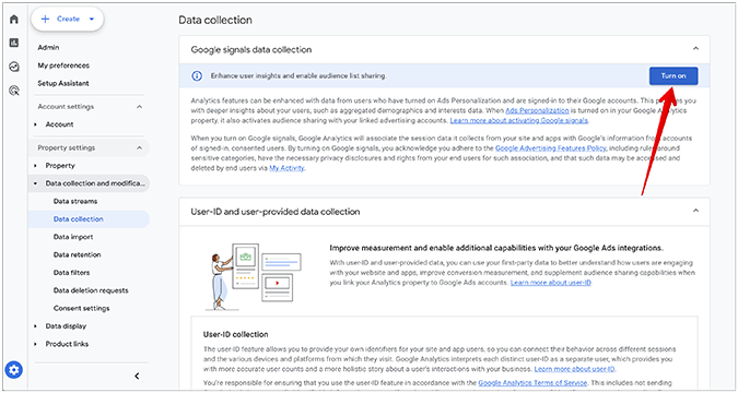 GA4 admin panel with the data collection screen shown and button to turn it on.