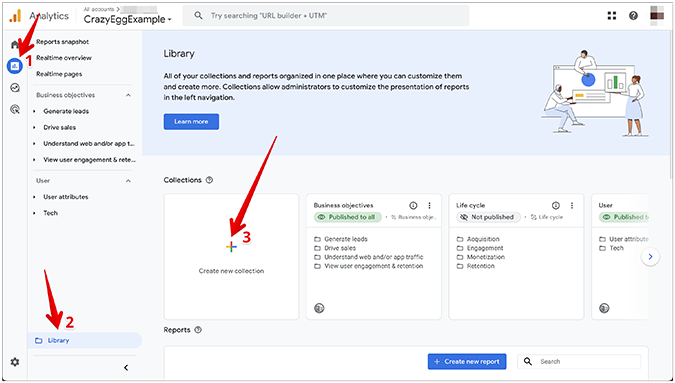 Three steps shown in GA4 to create a new collection. 