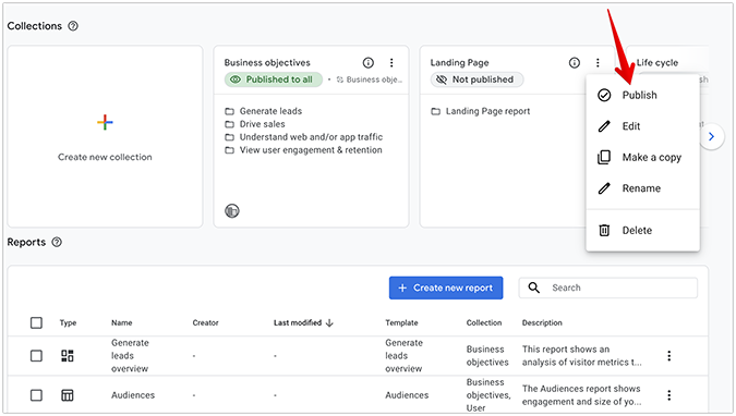 Publish collection in GA4 instructional image. 