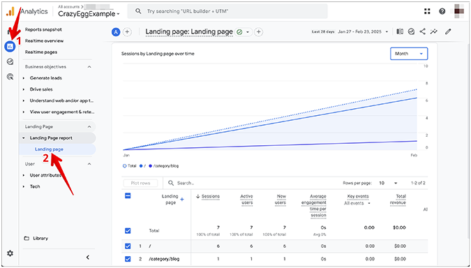 Landing page report screen in GA4. 