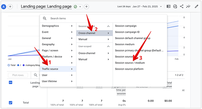 Landing page report dropdown menu with three options pointed out. 