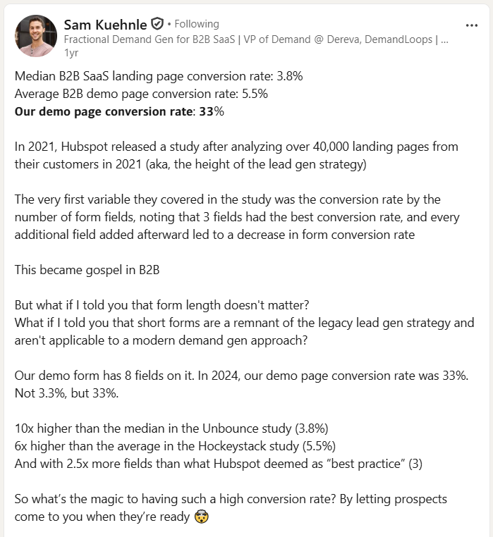 LinkedIn post by Sam Kuehnle arguing that long forms don’t hurt conversion, claiming an 8-field demo form converted at 33% against a 3.8% median.