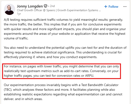 LinkedIn post by Jonny Longden explaining that A/B testing needs enough traffic, with the sentence about testing upstream metrics on low-traffic pages highlighted in red.