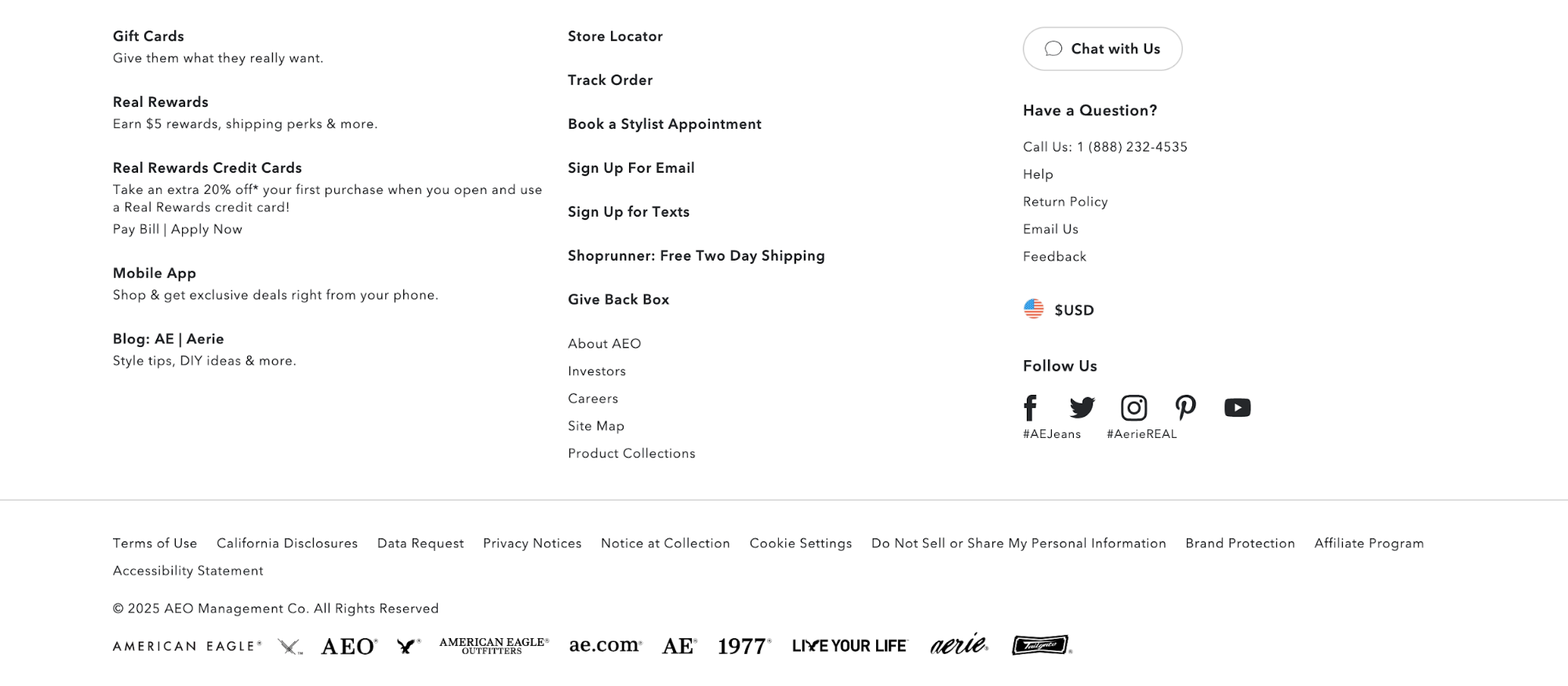 American Eagle website footer menu. 