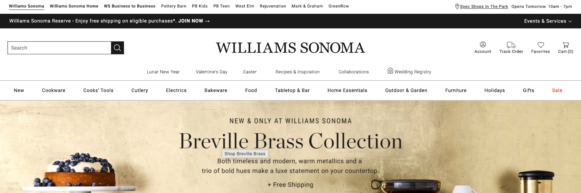 Williams Sonoma website homepage. 