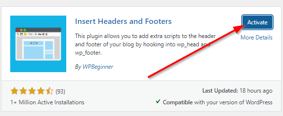 WordPress Insert headers and Footers plugin with red arrow pointing to Activate button