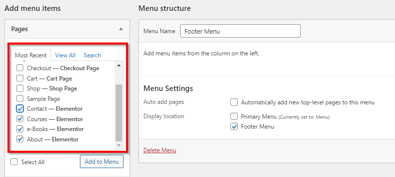 WordPress menu settings with red box around Most Recent pages