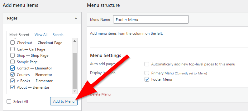 WordPress Add menu items menu with red arrow pointing to Add to Menu button