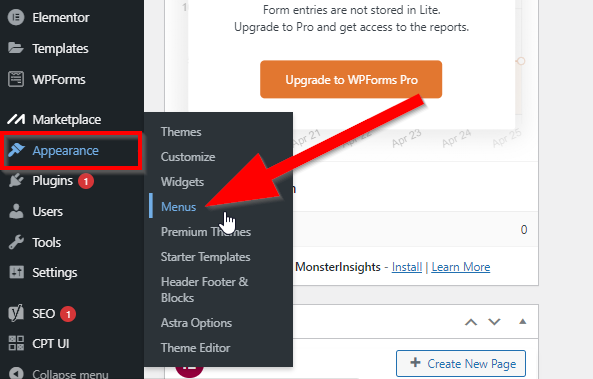 WordPress dashboard with red arrow pointing to Menus