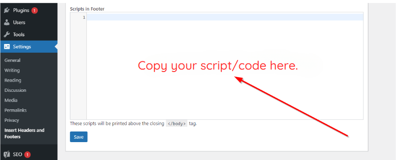 WordPress Scripts in footer page with red arrow pointing to text that says Copy your script/code here