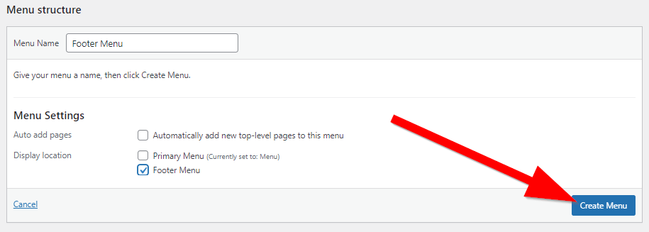 WordPress Menu Structure menu with red arrow pointing to Create Menu