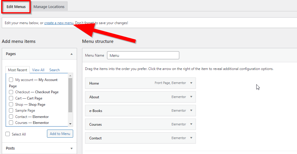 WordPress edit menus dashboard with red arrow pointing to Create a new menu link