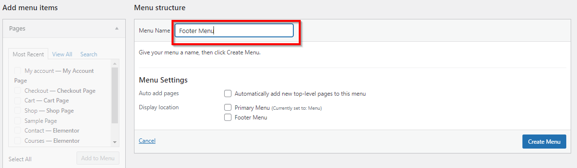 WordPress Add menu items menu with red box around Menu Name