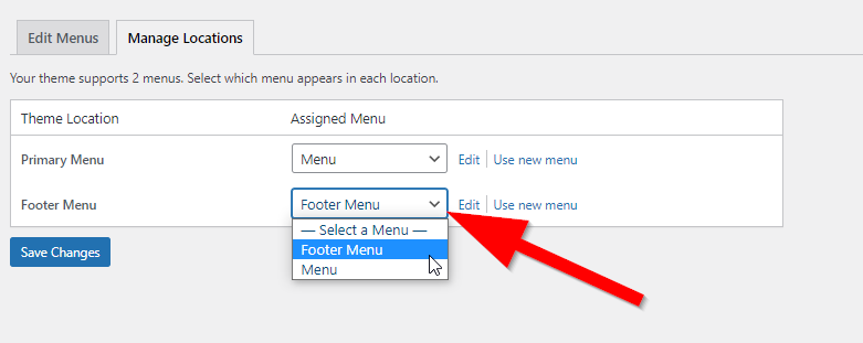 WordPress Manage Locations menu with red arrow pointing to Footer Menu dropdown