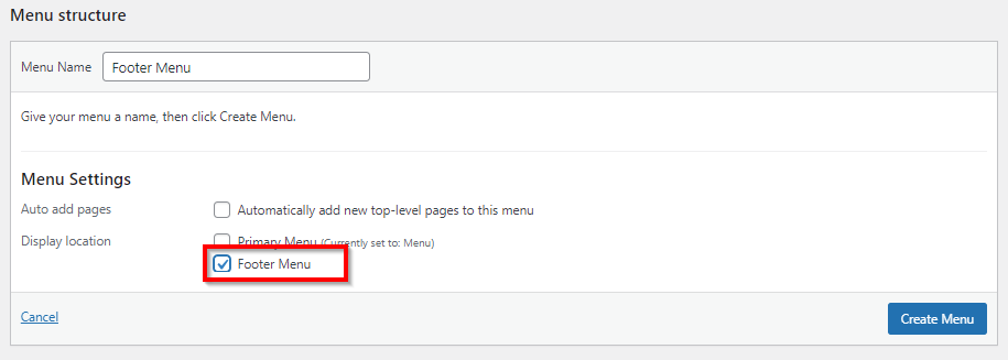 WordPress menu structure menu with red box around Footer Menu checkbox