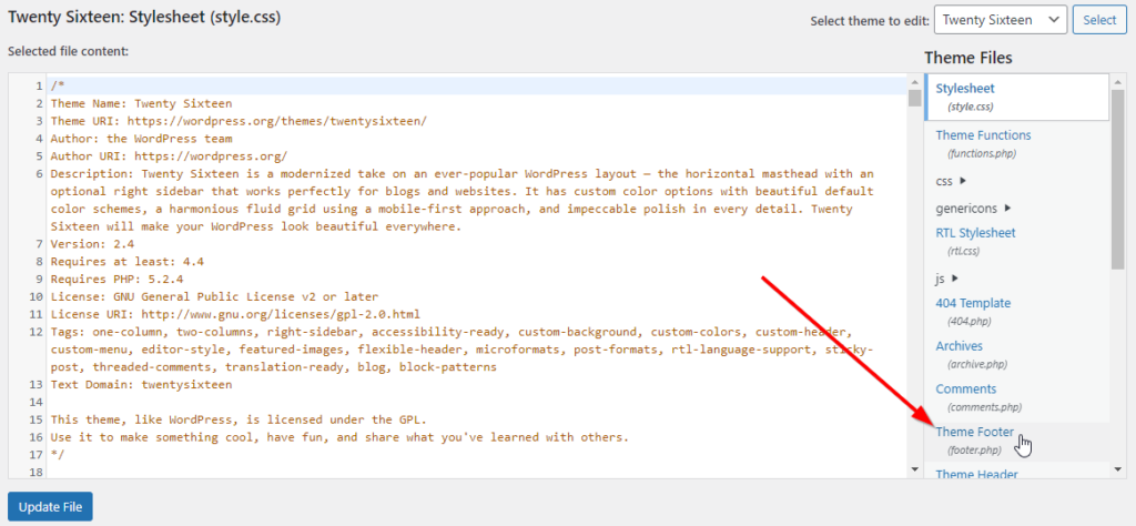 WordPress theme files with red arrow pointing to Theme Footer