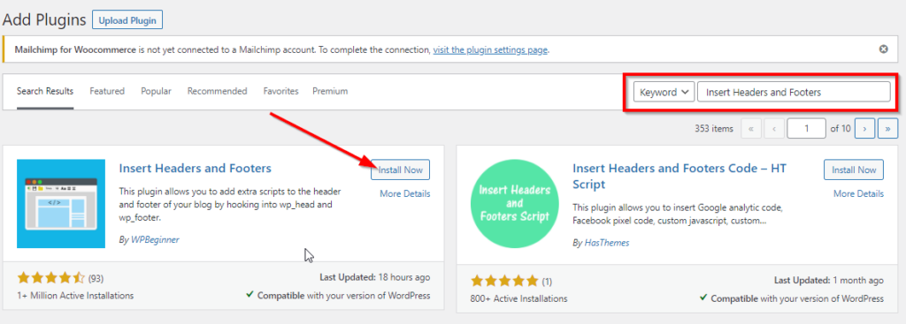 WordPress Add Plugins page with red arrow pointing to Install Now on the Insert Headers and Footers plugin