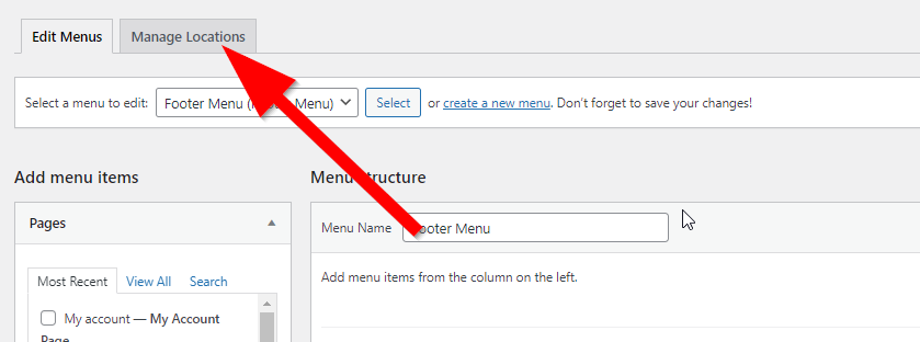 WordPress Edit Menus page with red arrow pointing to Manage Locations