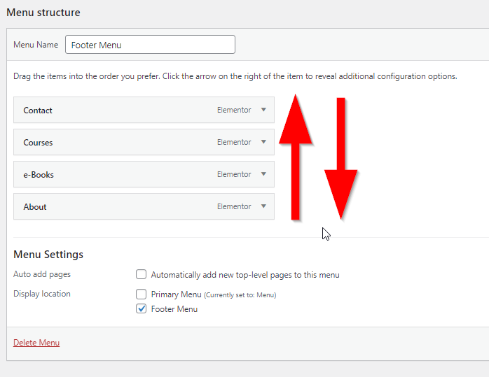 WordPress Menu stucture menu with red arrows next to menu items to reorder