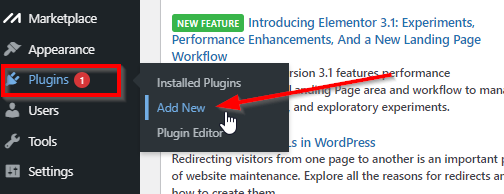 WordPress dashboard with red box around Plugins and red arrow pointing to Add New