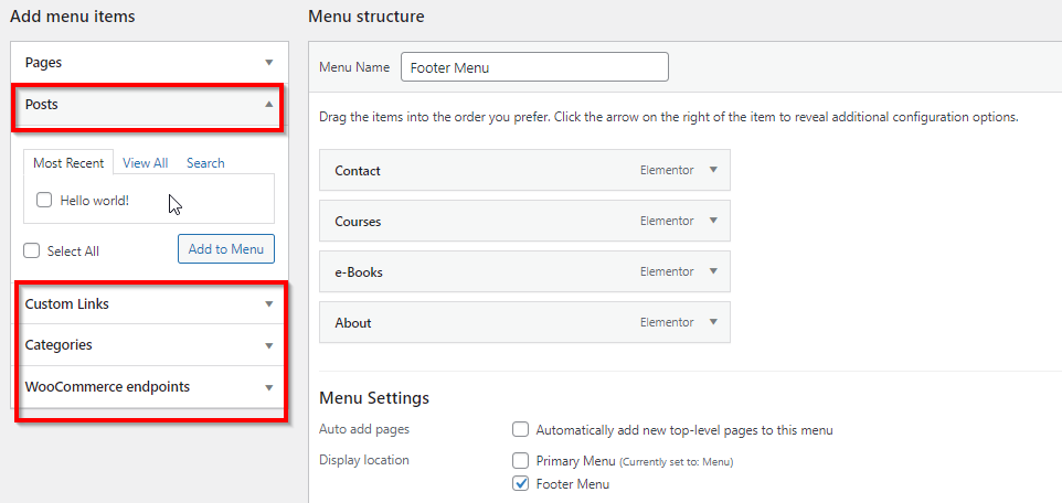 WordPress Add menu items menu with red boxes around Posts, Custom Links, Categories, and WooCommerce endpoints dropdowns