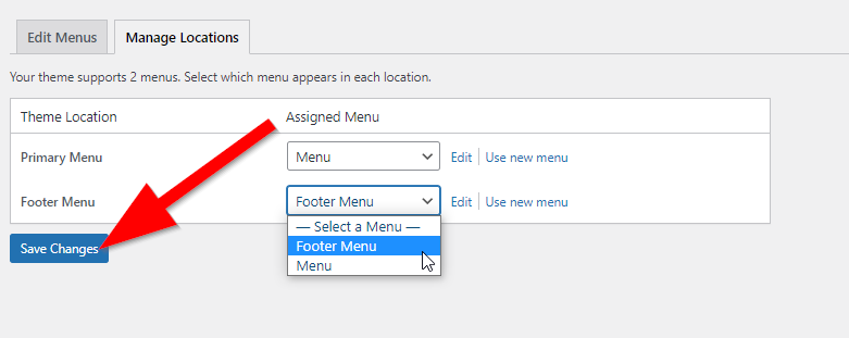 WordPress Manage Locations menu with red arrow pointing to Save Changes