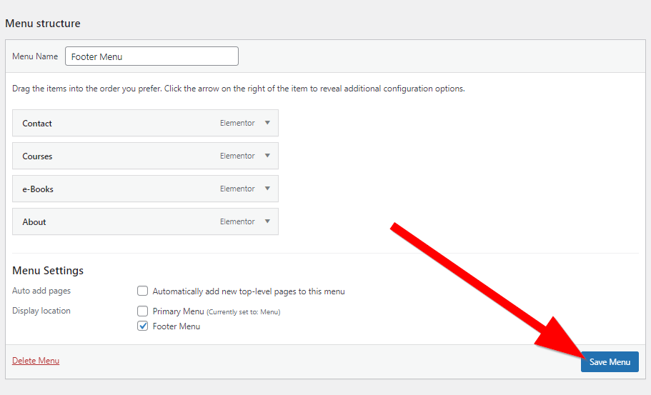 WordPress Menu structure menu with red arrow pointing to Save Menu button