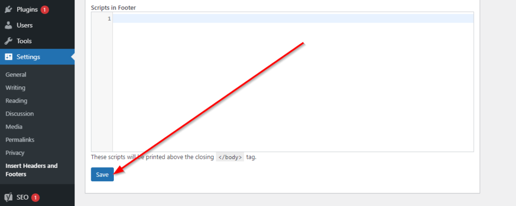 WordPress Scripts in Footer page with red arrow pointing to Save button