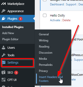 WordPress dashboard with red box around Settings and red arrow pointing to Insert Headers and Footers