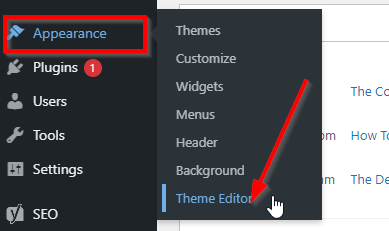 WordPress dashboard with red square around Appearance and red arrow pointing to Theme Editor