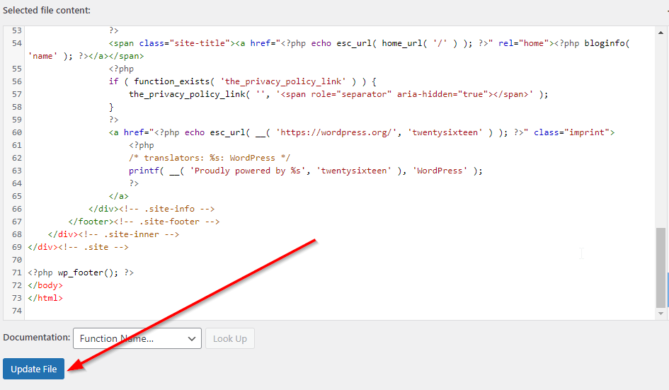 WordPress footer.php window with red arrow pointing to Update File