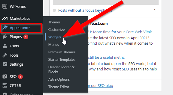 WordPress dashboard with red arrow pointing to Widgets