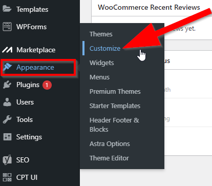 WordPress dashboard with red arrow pointing to Customize button