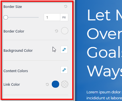 WordPress footer customization menu with red box around border settings