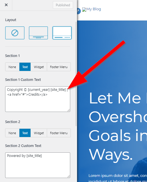 WordPress footer bar customization menu with red arrow pointing to Section 1 Custom Text box