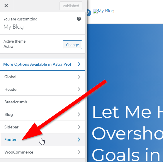 WordPress website customization menu with red arrow pointing to Footer